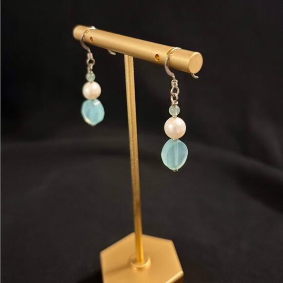 Freshwater Pearl & Aqua Glass Bead Drop Earrings Handmade Silver-Tone Dangle - Picture 1 of 8